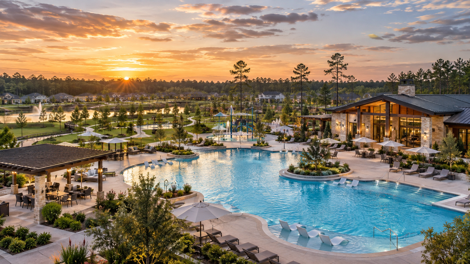 Neighborhood pool amenity center covered by HOA fees in a Conroe master-planned community