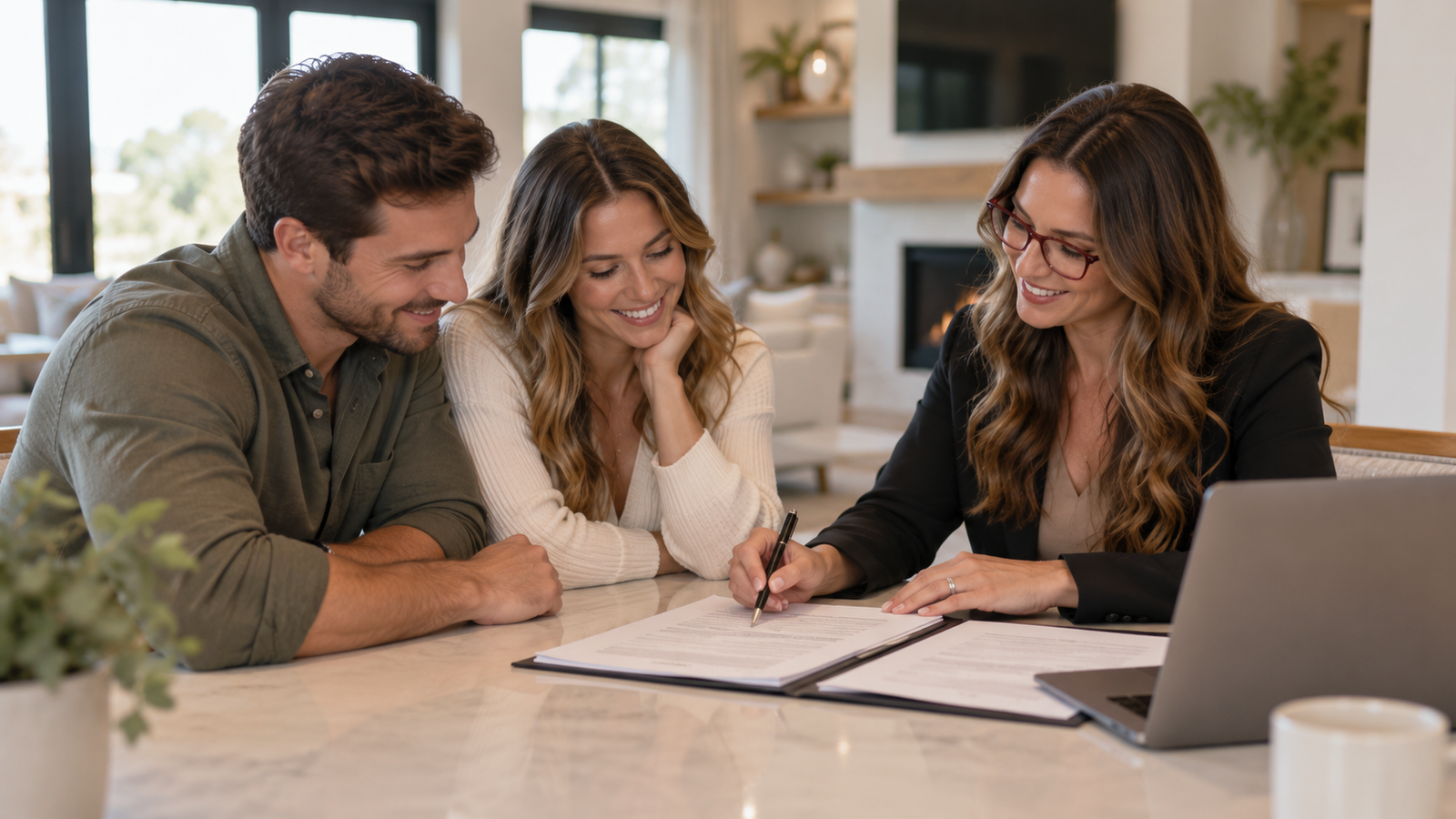 COUPLE REVIEWING CLOSING DISCLOSURE PAPERWORK WITH REALTOR