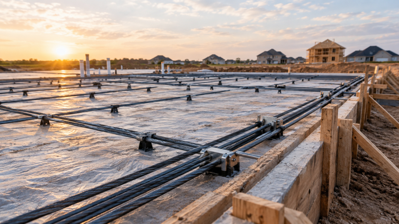 HOME FOUNDATION SLAB POUR POST TENSION CABLES NEW CONSTRUCTION SITE HOUSTON TX