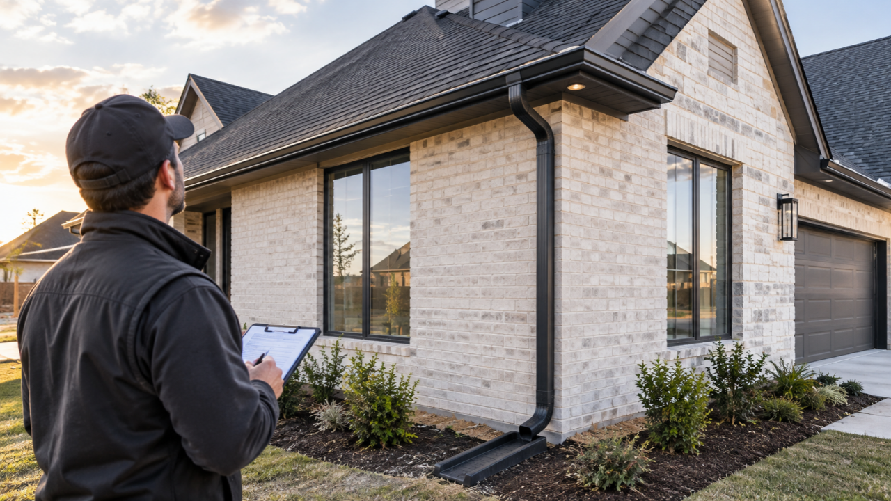 HOME INSPECTOR REVIEWING NEW CONSTRUCTION HOME EXTERIOR ROOF AND DRAINAGE